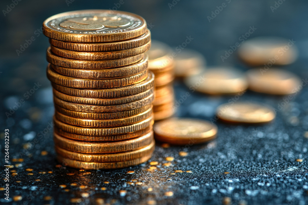 Gold coins stacked on a dark surface with scattered coins nearby in natural light Gold coins stacked on a dark surface with scattered coins nearby in natural light