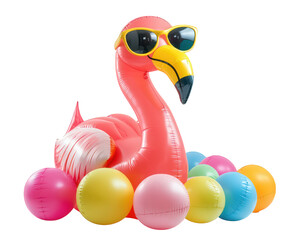 giant inflatable flamingo wearing sunglasses surrounded by colorful beach balls creates fun and vibrant summer atmosphere. Perfect for pool parties and outdoor events