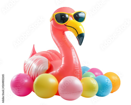 giant inflatable flamingo wearing sunglasses surrounded by colorful beach balls creates fun and vibrant summer atmosphere. Perfect for pool parties and outdoor events