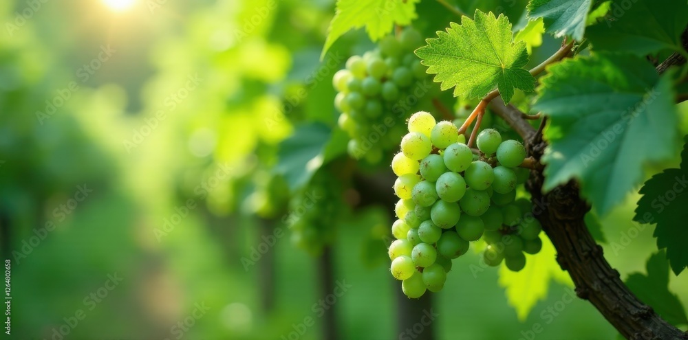 Fototapeta premium Sunlight Illuminates Lush Green Grapes Hanging from Vine in a Vineyard Setting