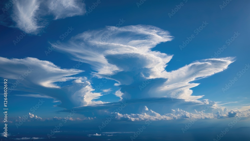 Fototapeta premium Dramatic cloud formations under a blue sky with atmospheric details and depth Copy Space