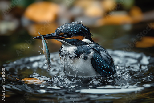 Kingfisher catching a fish in a serene pond surrounded by autumn foliage