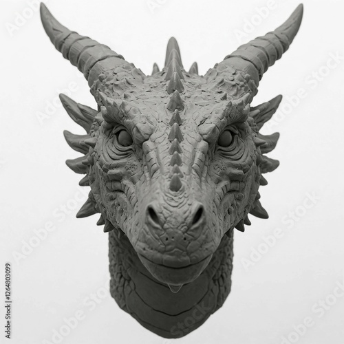 A clay model of a Dragon's head from the front