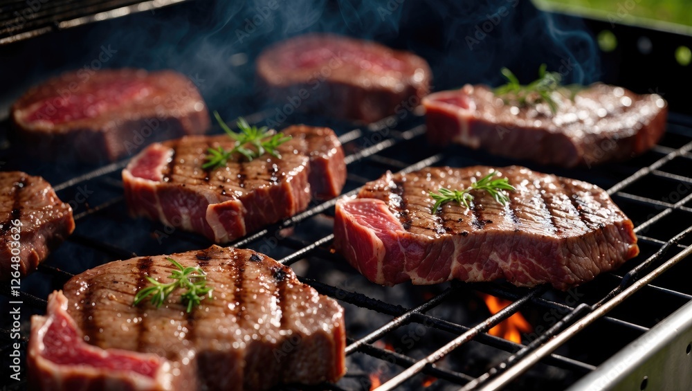 Grilling beef steaks on barbecue grill with herbs and smoke on outdoor setting ideal for food photography and cooking themes Copy Space Grilling beef steaks on barbecue grill with herbs and smoke on outdoor setting ideal for food photography and cooking themes Copy Space