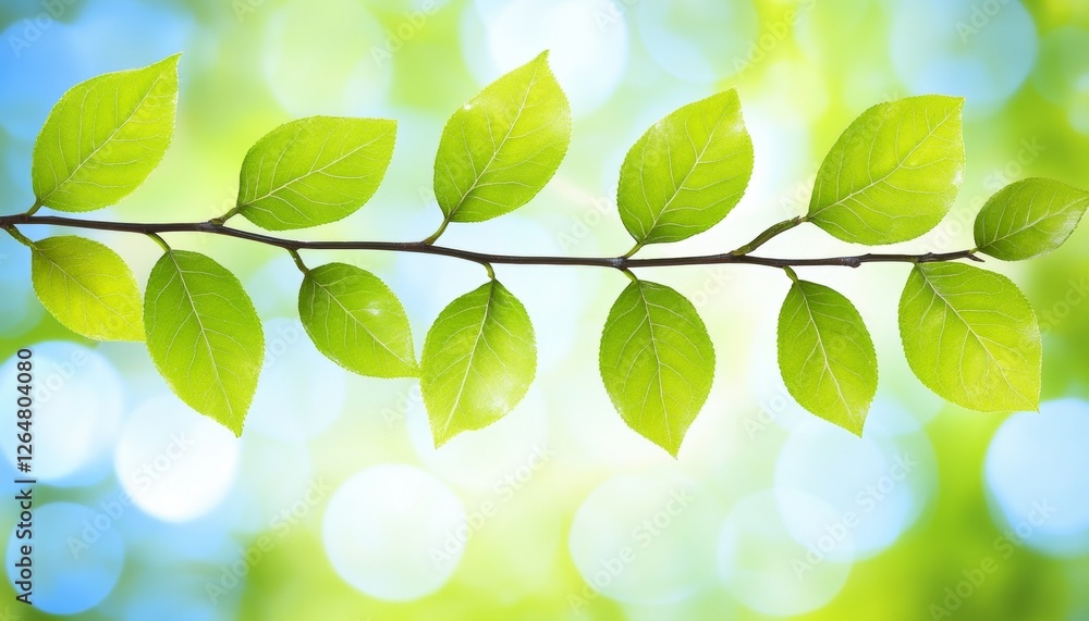 Vibrant Green Leaves on a Branch, Backlit by the Spring Sun with a Bright Blue Bokeh Background Vibrant Green Leaves on a Branch, Backlit by the Spring Sun with a Bright Blue Bokeh Background