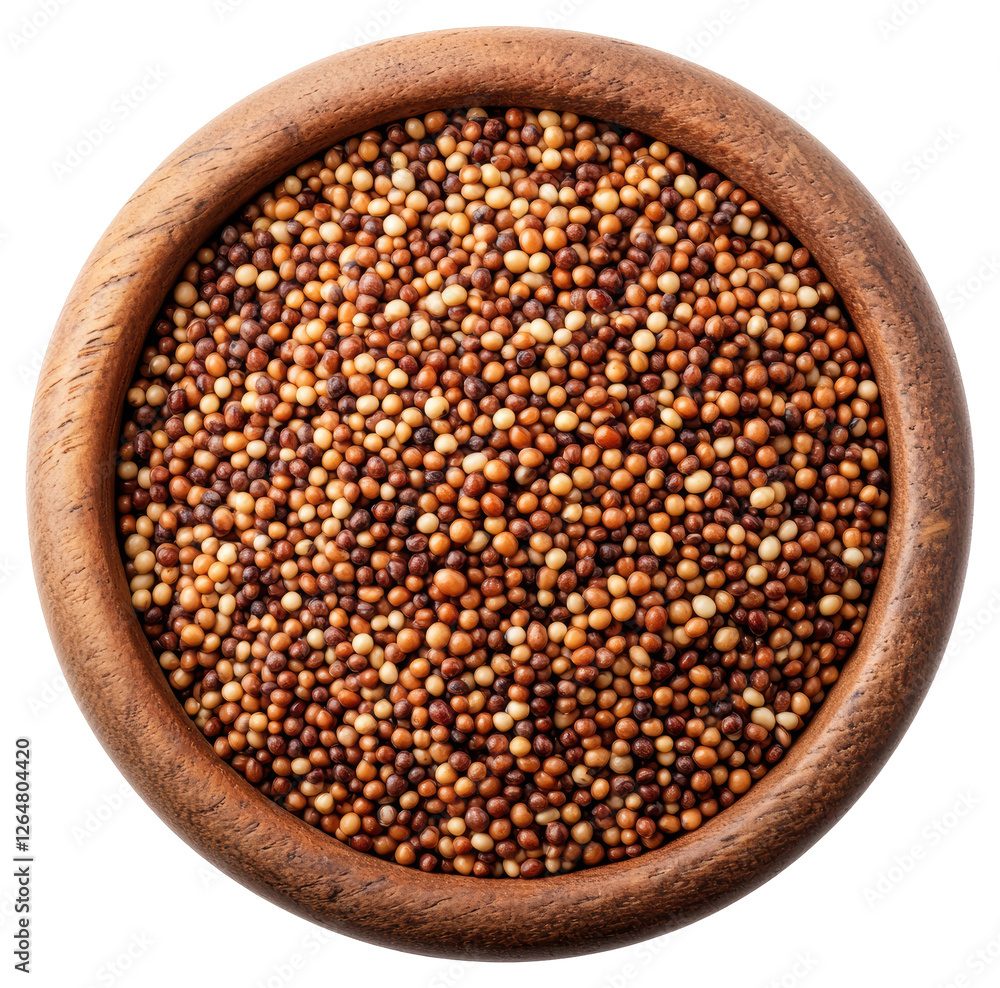 Wooden Bowl Full of Brown Quinoa Seeds on Transparent Background Top View