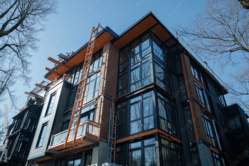 Fototapeta premium Modern apartment building under construction with glass and brick facade