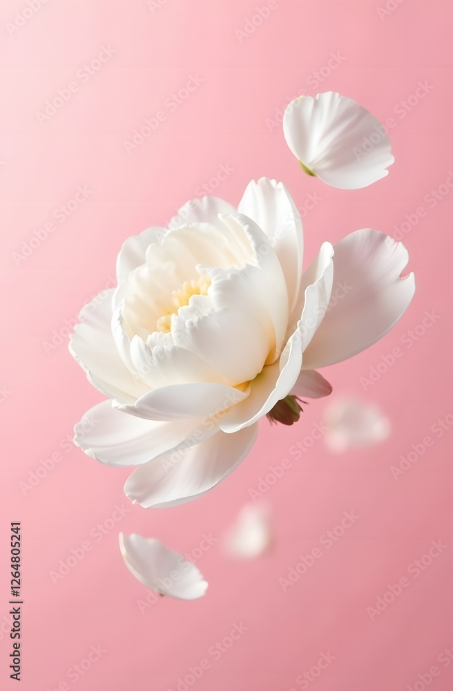 Beautiful white flowers and peony petals in flight on a light pink pastel background. A place for text, advertising, congratulations. Small business concept, flower shop, flower delivery. Vertical pho