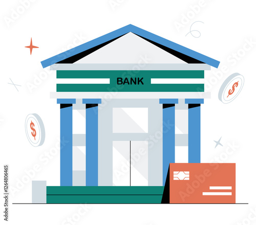 Bank Building With Classic Architecture In Flat Vector Illustration Symbolizing Financial Institution, Savings, Banking Services, And Economic Stability, Isolated On White Background.