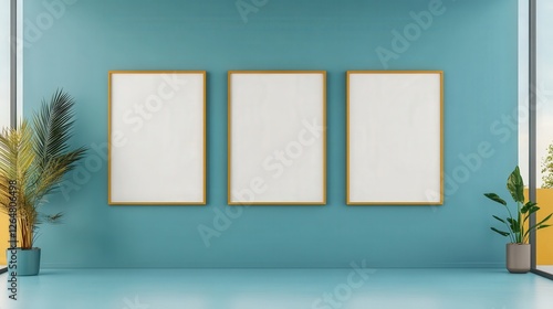 Bright Gallery Wall with Empty Frames and Greenery in Modern Interior