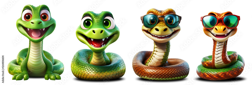 Fototapeta premium Close-up of a cute smiling snake or reptile while looking at the camera with his big eyes or goggles. Isolated on transparent or white background. Png. Collection and variation. Generative Ai.