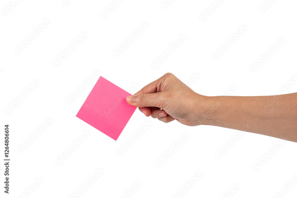 Obraz premium Paper stickers in hand. Hand holding a green sticker. Notes for the message on transparent background.