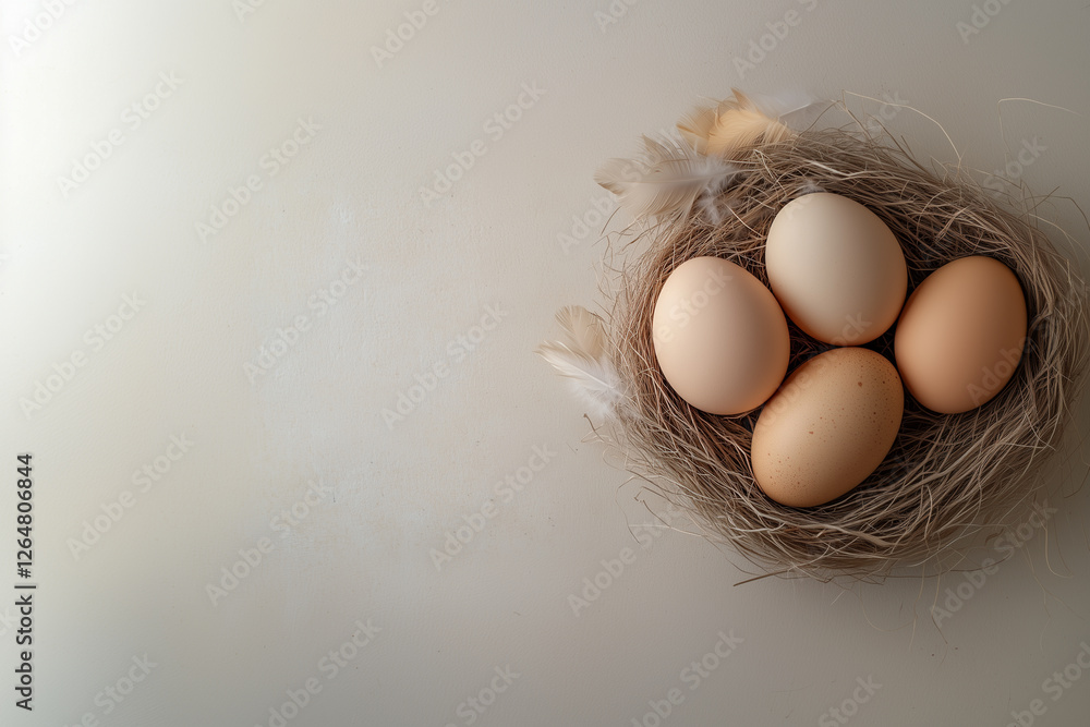 Four variously colored eggs rest in a delicate nest made of straw, accompanied by soft feathers. The serene arrangement highlights their natural beauty against a light backdrop. Four variously colored eggs rest in a delicate nest made of straw, accompanied by soft feathers. The serene arrangement highlights their natural beauty against a light backdrop.