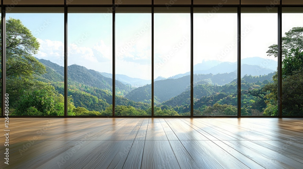 Naklejka premium A large, open concrete space with tall glass windows overlooking trees and grass. Sunlight shines through the windows