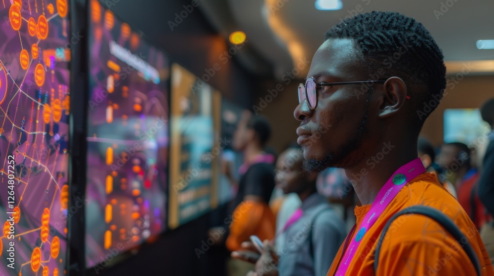Fototapeta premium Attendees observe dynamic digital displays showcasing technology at an innovation expo. The atmosphere buzzes with curiosity and learning in an urban setting.