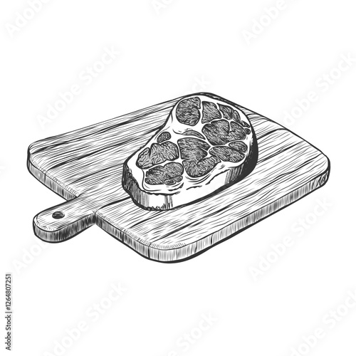 Fresh raw meat on wooden cutting board. Piece of beef for Steak preparing. Hand drawn beef, lamb or pork steak. Butchery food meat product sketch isolated on transparent background. Vector  