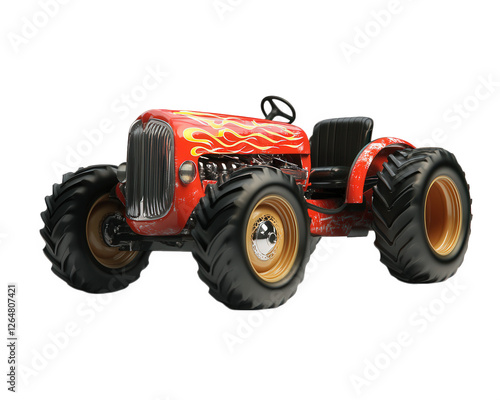 race modified tractor with flame decals, showcasing high speed design and rugged tires, perfect for off road adventures and competitions photo