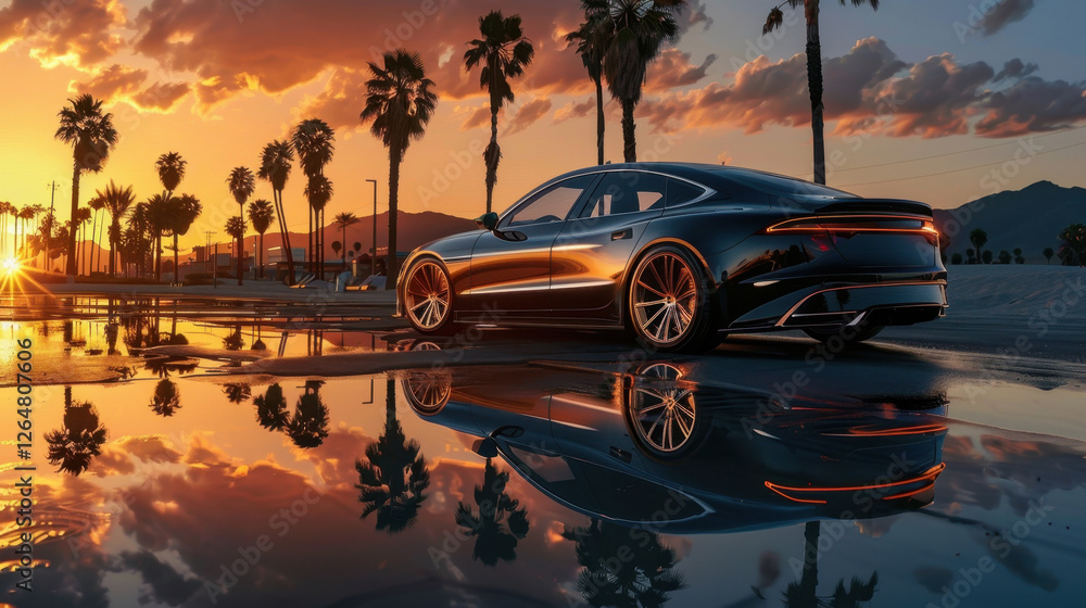 Luxury Car Reflection at Sunset with Palm Trees