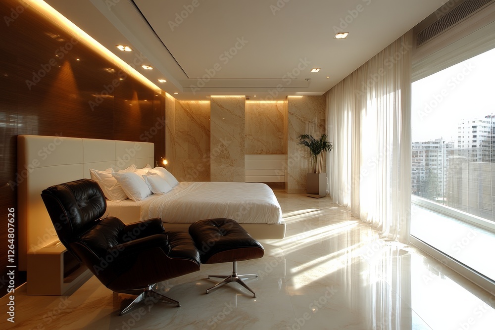 Fototapeta premium Modern bedroom featuring large windows and stylish furniture in a luxury apartment during daylight hours