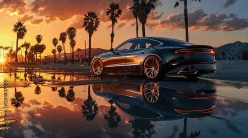 Obraz na płótnie Luxury Car Reflection at Sunset with Palm Trees w salonie