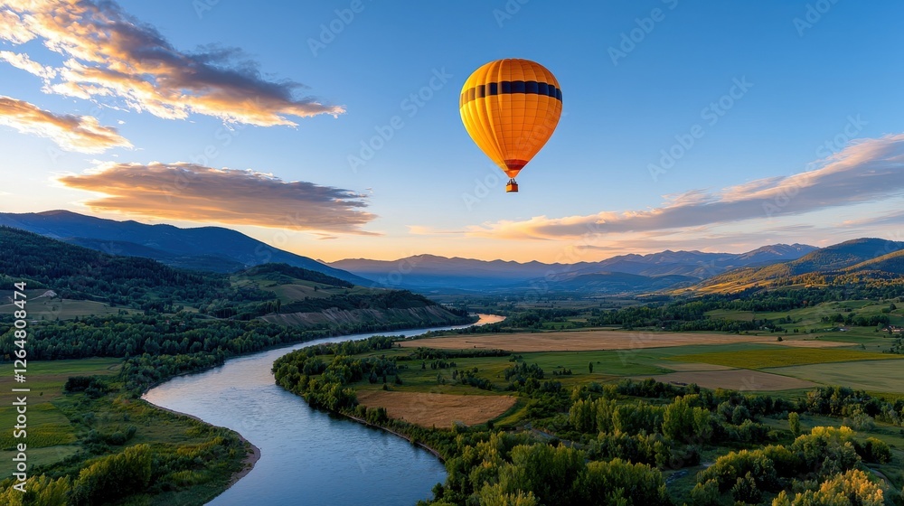 Obraz premium Stunning aerial view from a hot air balloon floating over a picturesque countryside landscape with mountains forests fields and a winding river at a beautiful sunset