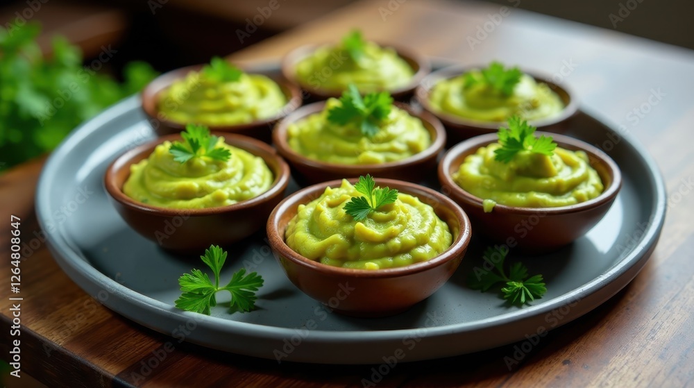 Delectable Creamy Avocado Dip in Small Earthenware Bowls, Garnished with Fresh Herbs, Served on a Rustic Grey Plate Delectable Creamy Avocado Dip in Small Earthenware Bowls, Garnished with Fresh Herbs, Served on a Rustic Grey Plate