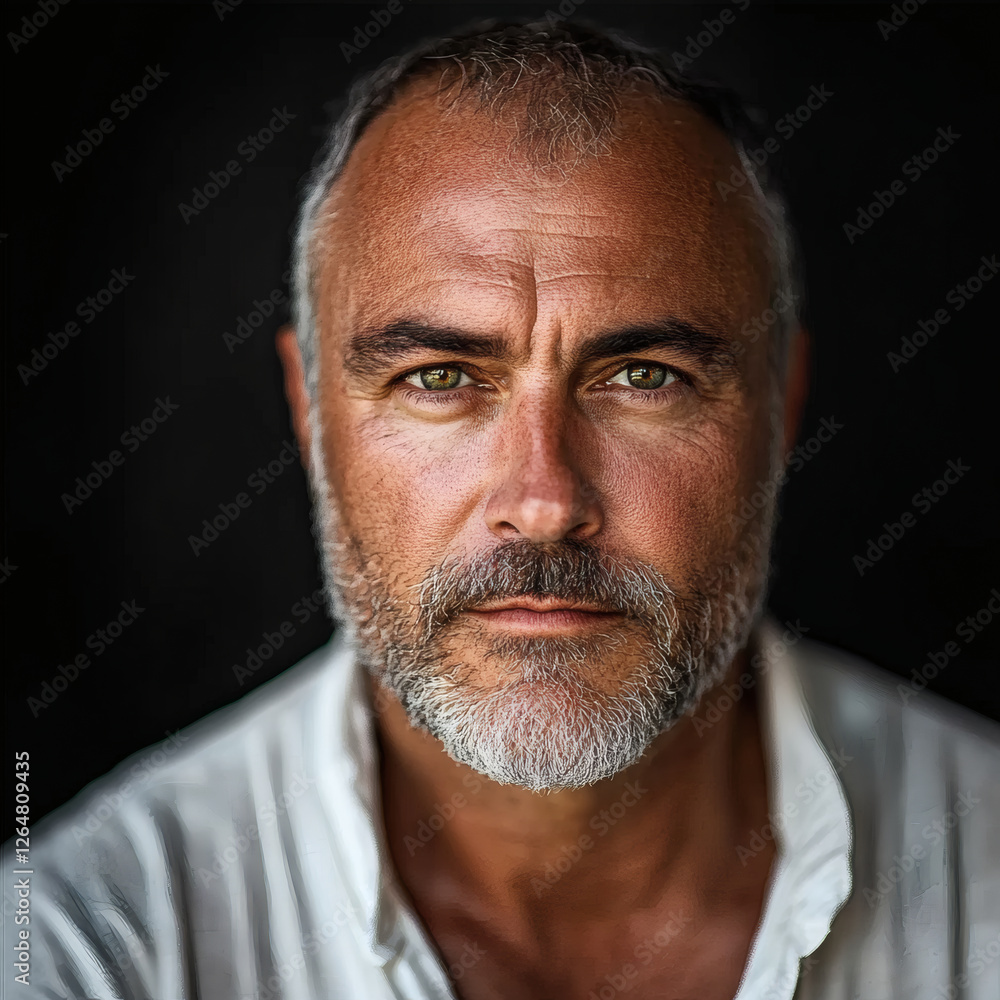 Expressive portrait photo of a middle-aged man in front of a dark background