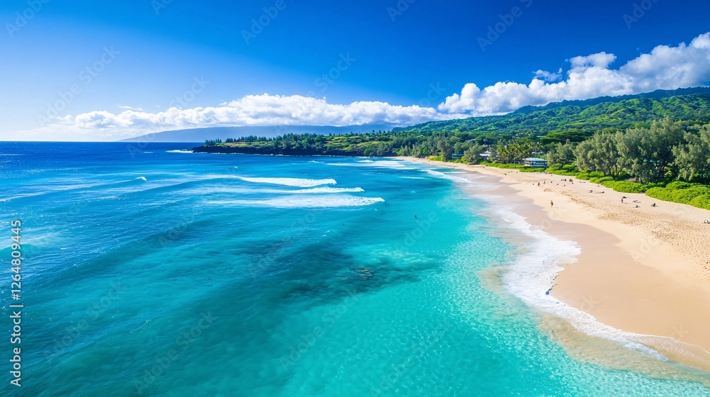 Breathtaking Panoramic Aerial View of a Serene Beach and Turquoise Ocean Waves Breathtaking Panoramic Aerial View of a Serene Beach and Turquoise Ocean Waves