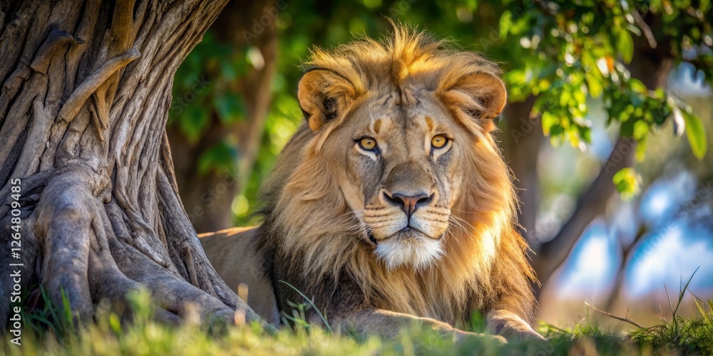 Fototapeta premium Majestic lion resting beneath a tree in natural habitat landscape