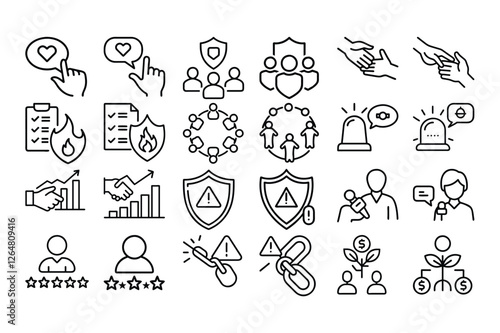 High quality outline vector icons for stakeholder business, representing teamwork, collaboration, corporate structure, leadership, and decision-making. Perfect for business presentations.