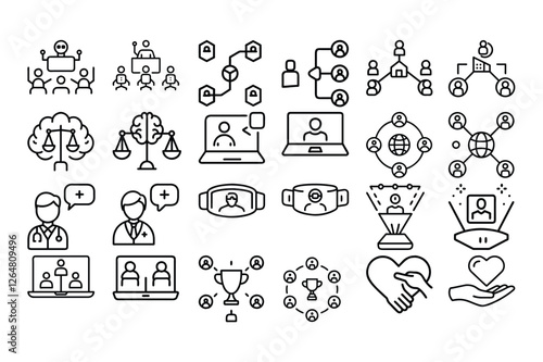 High quality outline vector icons for stakeholder business, representing teamwork, collaboration, corporate structure, leadership, and decision-making. Perfect for business presentations.