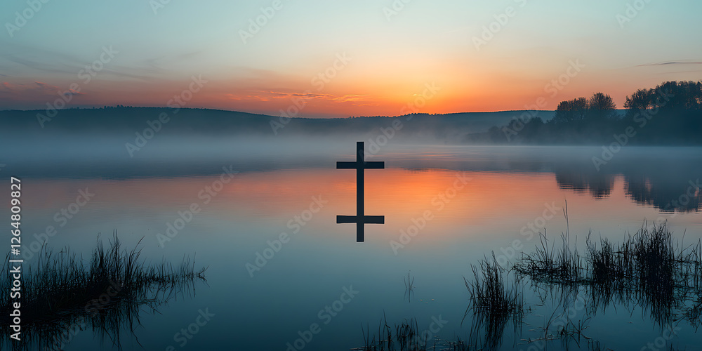 A cross is floating in the water at sunset. A cross is floating in the water at sunset.