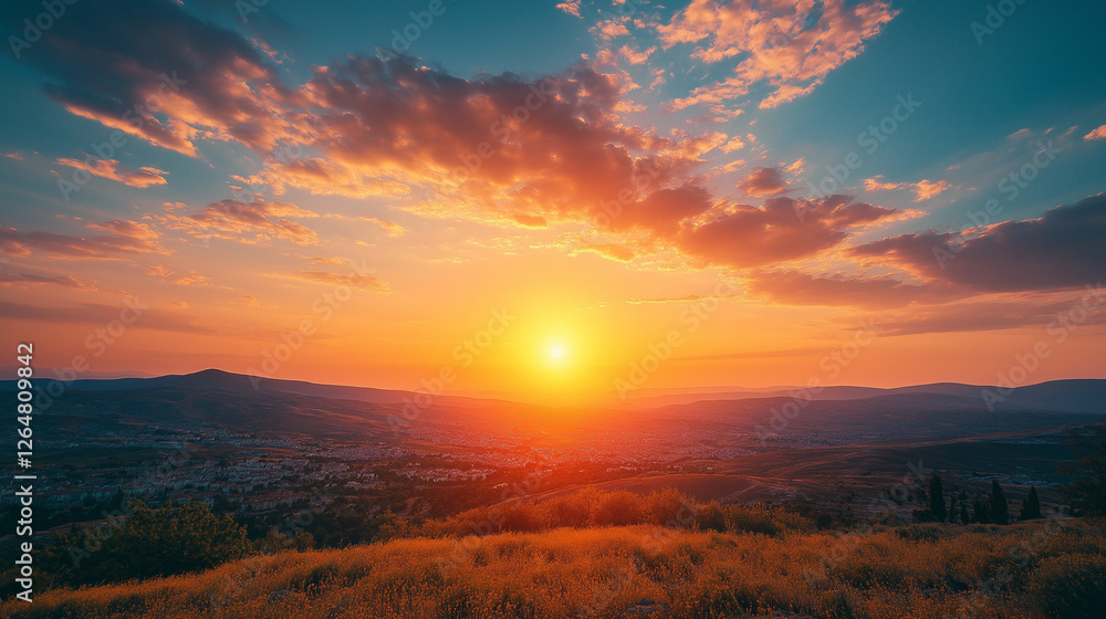 A breathtaking sunset casts warm hues across the sky as sunlight slowly descends behind distant hills, bathing the valley below in golden light. The tranquil landscape invites serenity and reflection A breathtaking sunset casts warm hues across the sky as sunlight slowly descends behind distant hills, bathing the valley below in golden light. The tranquil landscape invites serenity and reflection
