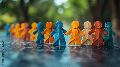 Artistic arrangement of colorful paper figures lined up on a reflective surface, showcasing creativity and imagination in a playful representation of human connection.