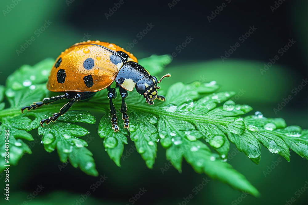 Macro view of a ladybug resting on a green leaf with dew drops in a natural setting during daylight Macro view of a ladybug resting on a green leaf with dew drops in a natural setting during daylight