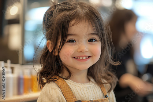 Young girl with beautiful smile enjoying a day at the hair salon during a fun and relaxing visit with stylists nearby