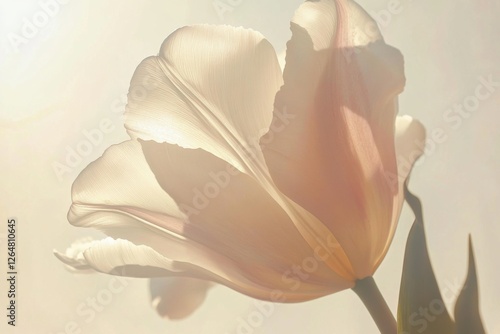 Gentle morning sunlight caresses the delicate petals of a lovely tulip in bloom