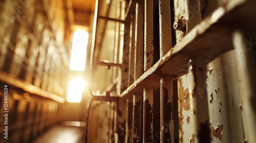 Close-up of a prison gate opening with sunlight shining through, symbolizing freedom, new beginnings, and hope for a fresh start in life. photo