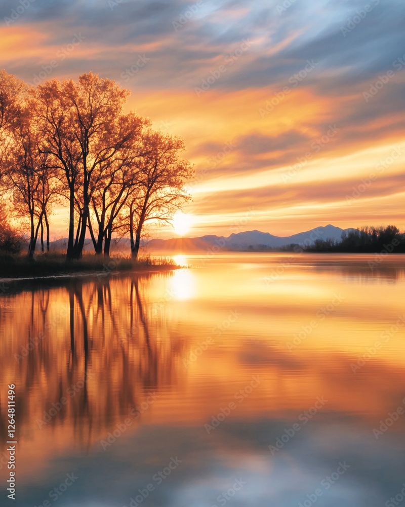 Obraz premium Golden Sunset Reflecting Over Serene Lake with Silhouetted Trees and Mountains
