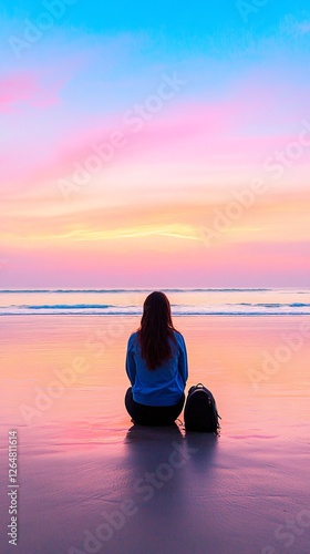 Wallpaper Mural Tranquil Sunset Beach Scene with Woman Reflecting in Solitude and Serenity Torontodigital.ca