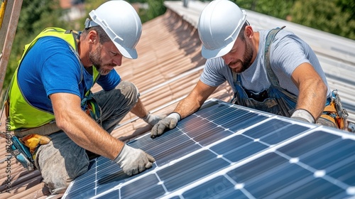 Workers installing solar panels rooftop photography urban environment high angle view renewable energy