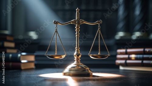 Symbolic Scales of Justice in a Classic Law Office traditional law office with stacks of legal books in the background