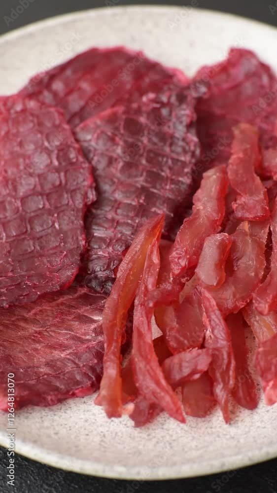 Dried beef slices, jerky, with cherry or plum flavor, salt and spices on a dark concrete background Dried beef slices, jerky, with cherry or plum flavor, salt and spices on a dark concrete background