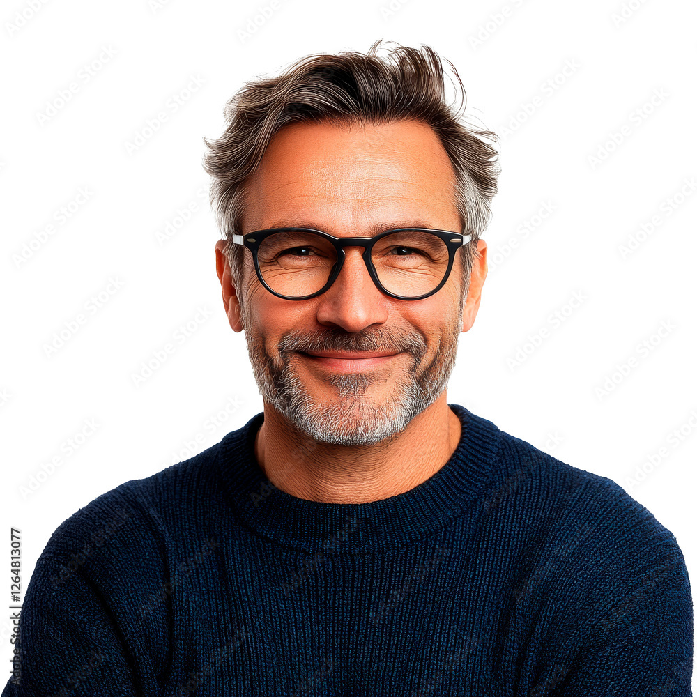 Portrait of a smiling middle aged man wearing eyeglasses isolated on transparent background. PNG transparent. Portrait of a smiling middle aged man wearing eyeglasses isolated on transparent background. PNG transparent.