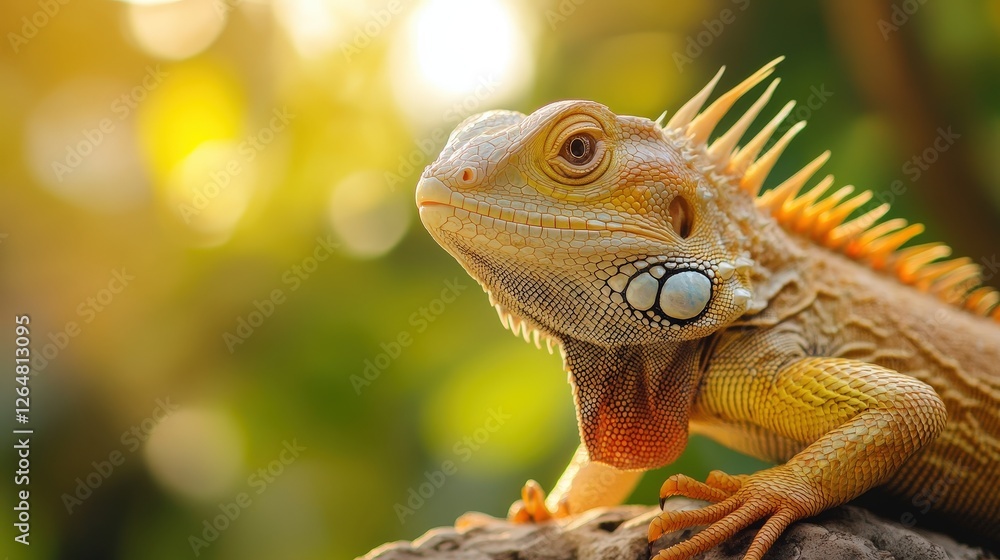 Obraz premium Colorful iguana basking under sunlight in a natural outdoor setting.