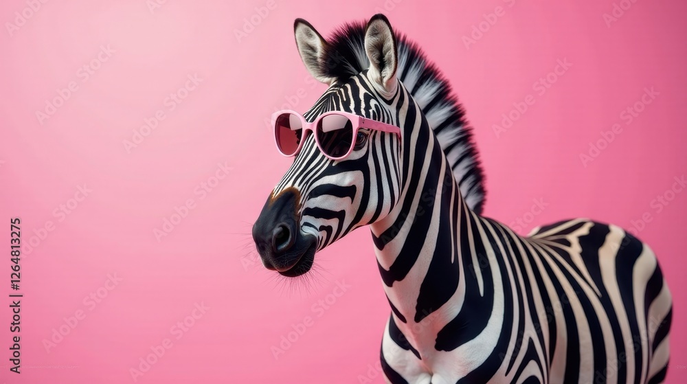 A stylish zebra in pink sunglasses against a vibrant pink backdrop, radiating summer fun and playful energy. A stylish zebra in pink sunglasses against a vibrant pink backdrop, radiating summer fun and playful energy.