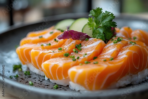 Fresh Salmon Sashimi Platter with Garnish for Gourmet Dining and Culinary Design photo