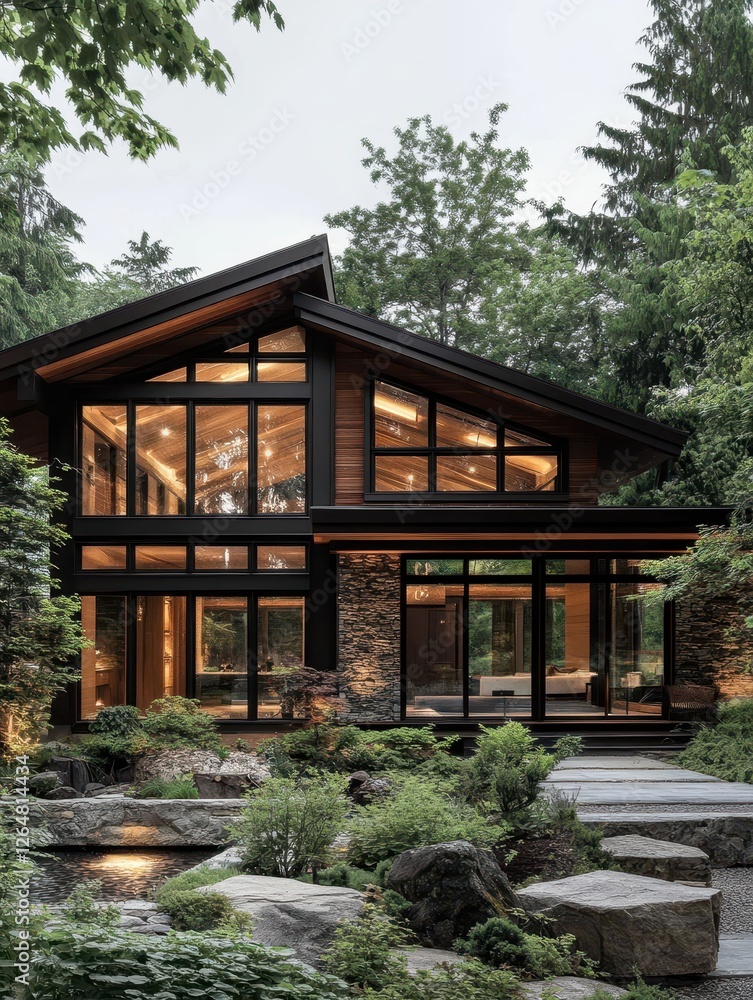 Modern home seamlessly integrates with surrounding lush forest environment Modern home seamlessly integrates with surrounding lush forest environment