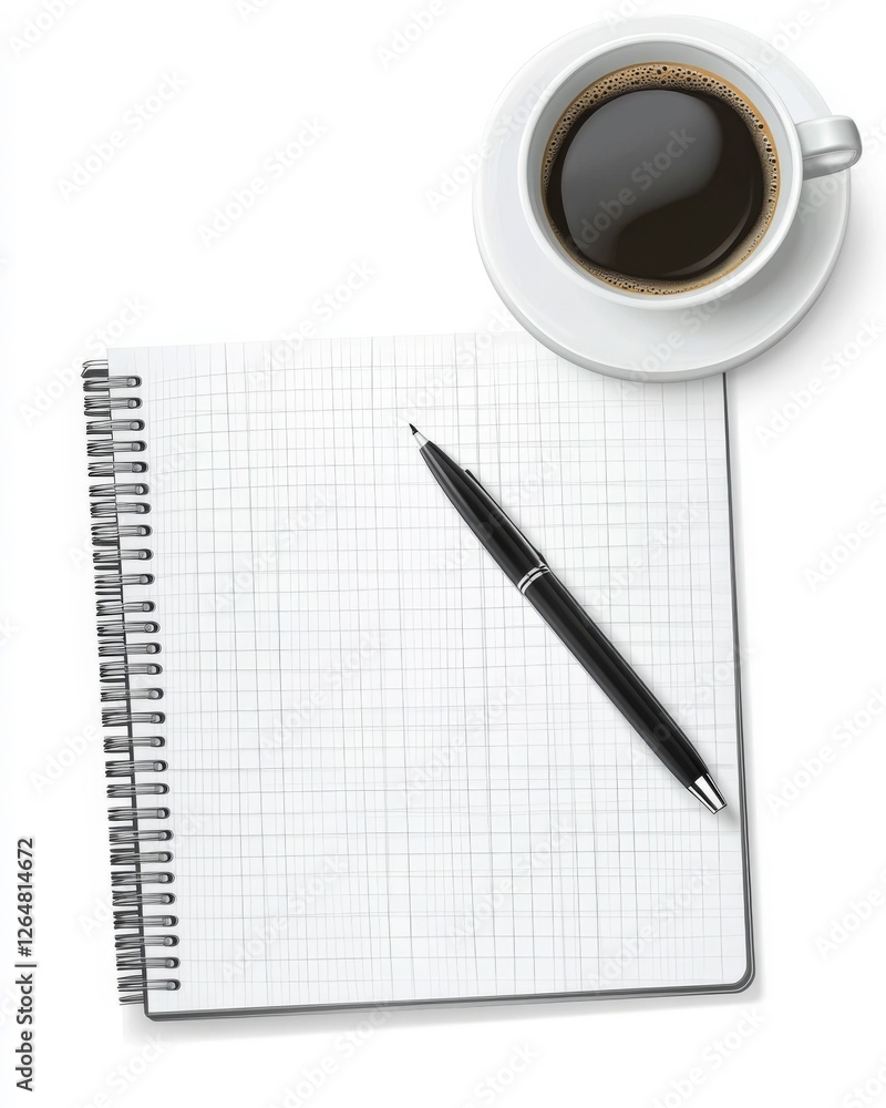 Realistic Top-View Photo of Empty Notebook, Pen, Coffee Cup, and Laptop on Desk Realistic Top-View Photo of Empty Notebook, Pen, Coffee Cup, and Laptop on Desk