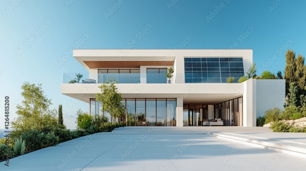 Fototapeta premium Embracing solar energy modern eco-friendly home urban setting architecture showcase bright environment sustainable design